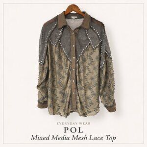 POL Mixed Media Mesh Pearl Embellished Lace Button Down Top M Boho